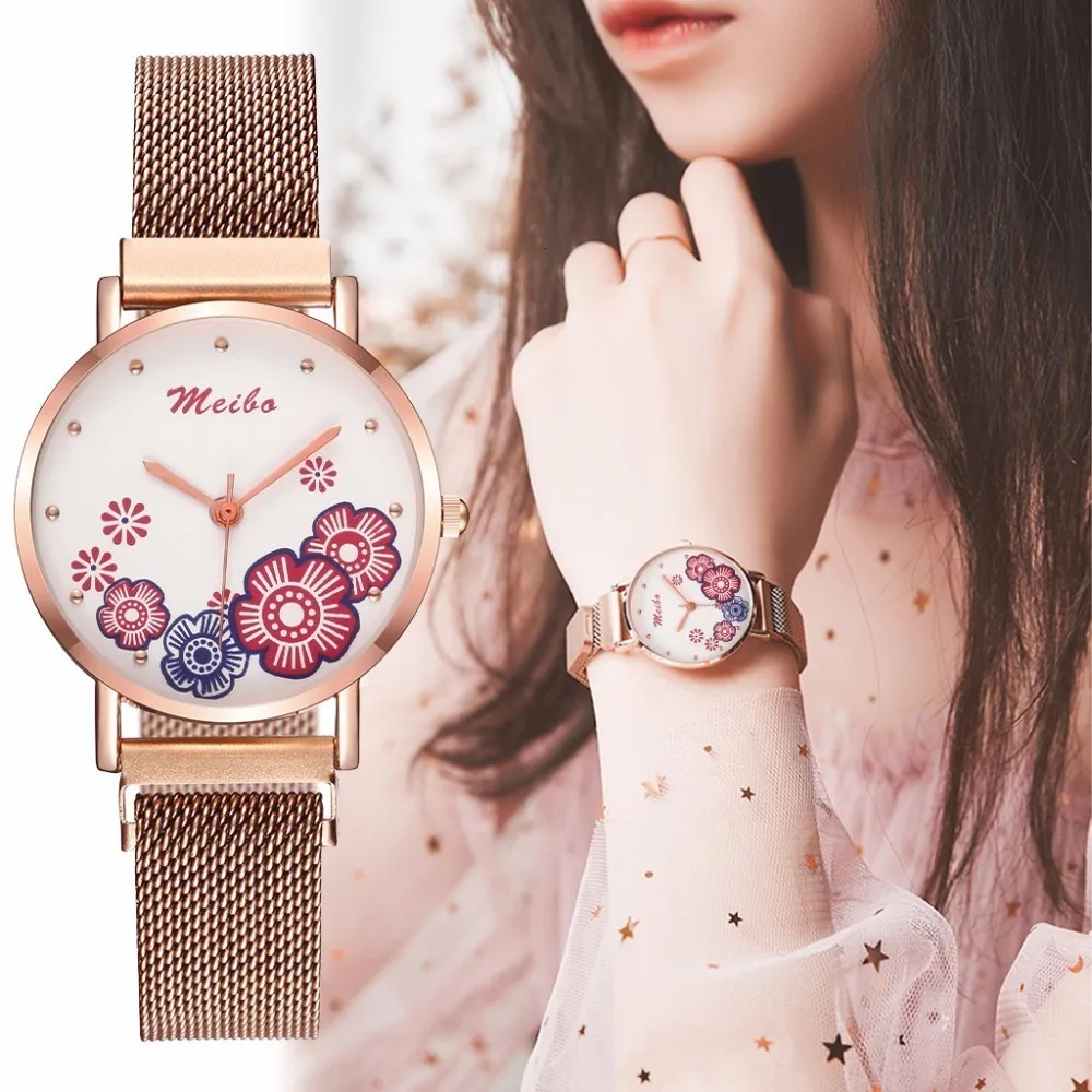 

Hot Sale Women Magnet Buckle Flower Watch Luxury Ladies Stainless Steel Mesh Belt Quartz Watch часы женские reloj mujer