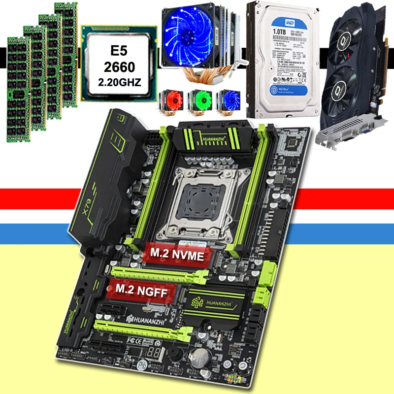 Billig HUANANZHI X79 Motherboard GTX750Ti 2GD5 Video Karte CPU Xeon E5 2660 SROKK Mit 6 Heatpipes Kühler RAM 16G DDR3 RECC 1TB SATA HDD