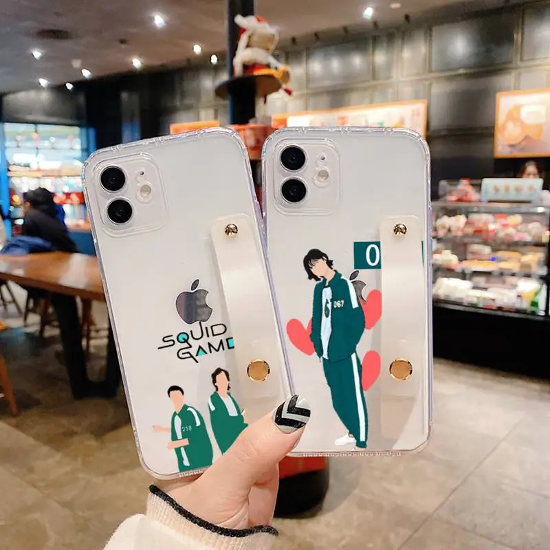 

Squid Game Cheng Qixun Phone Case Wrist Strap For iPhone 7 8 11 12 X XS XR MINI Pro Max Plus Hand Band Transparent Clear