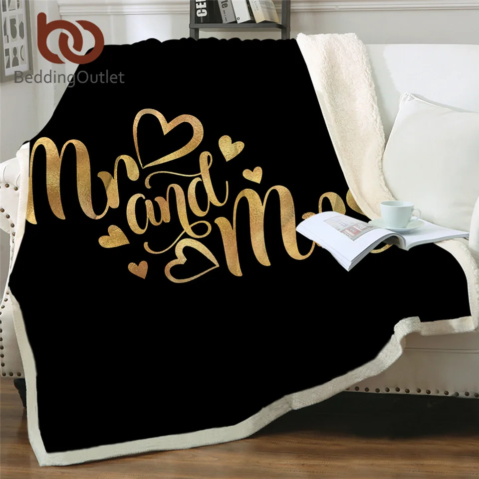 

BeddingOutlet Luxury Sherpa Blanket For Couple Romantic Letter Plush Bedspread Mr and Mrs Golden Custom Blanket Valentines Koce