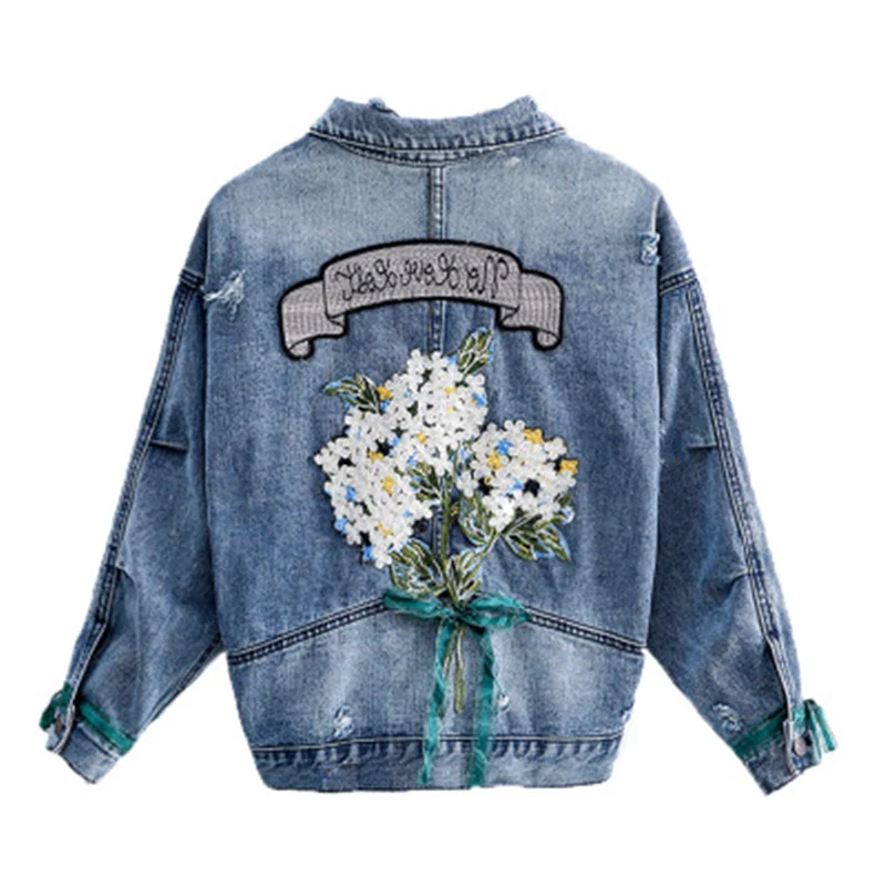 

Women Denim Embroidery Jackets Flower Lace Plus Size Female Coats Vintage Elegant bow Cowboy Loose Casual Outwear Hole Jeans