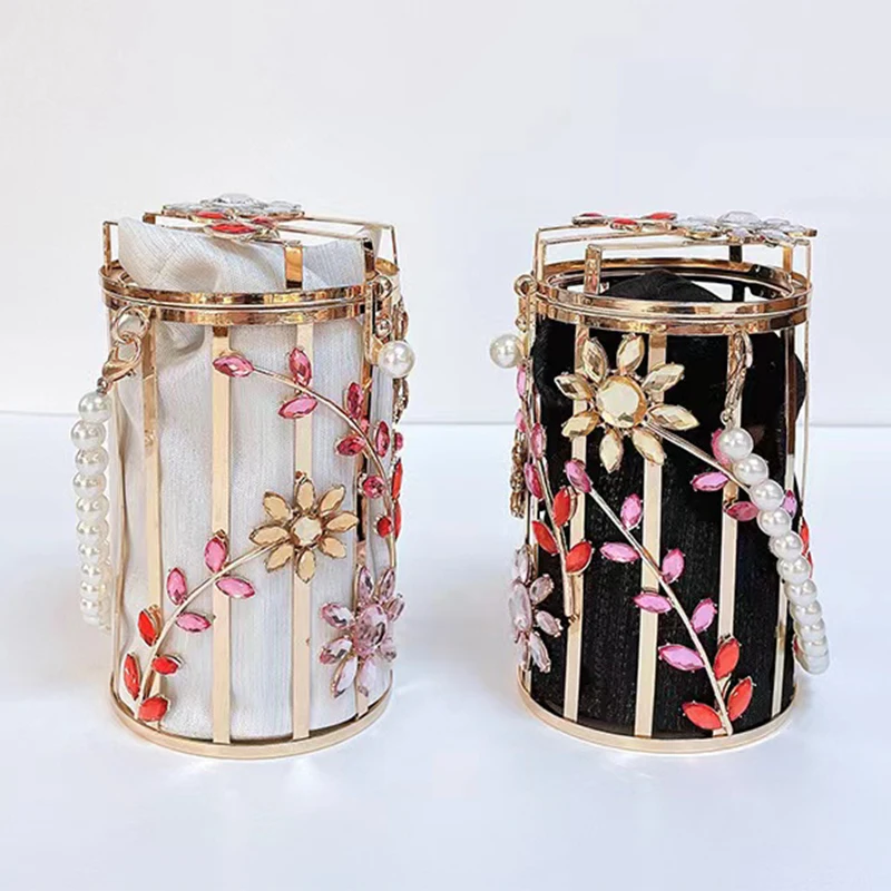 

White/Black Inside Pocket Hard Bucket Rhinestones Evening Clutch Women Metal Minaudiere Wedding Handbag Diamond Bridal Purse