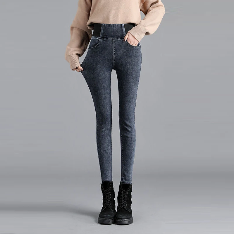

Узкие джинсовые брюки-карандаш с высокой эластичной талией для женщин, офисные Однотонные эластичные облегающие джинсы, брюки из денима с э...