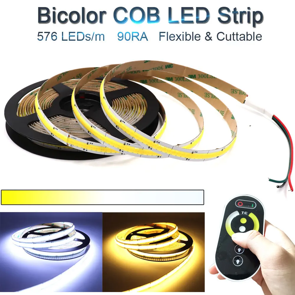 

12V 24V CCT Bicolor LED COB Strip Lamp 576 LEDs RA90 2700K-6500K Color Temperature Dimmable FOB Light Bar for Home Decoration