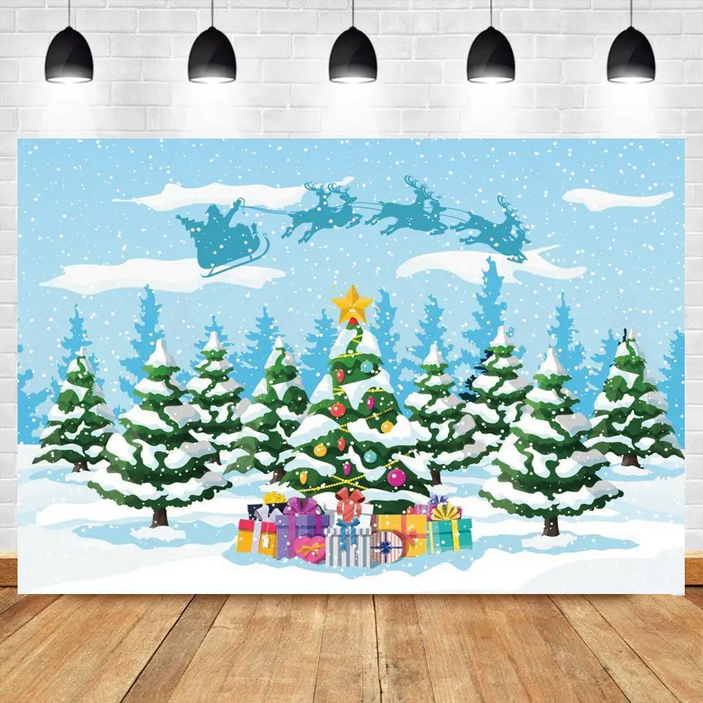 

Christmas Reindeer Sledge Santa Claus Photo Background Studio Decor Tree Forest Winter Snow Photography Backdrop Photophone