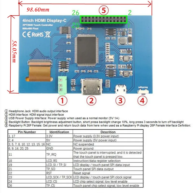 4 дюйма ЖК-дисплей Дисплей совместимому с HDMI Портативный монитор модуль GPIO