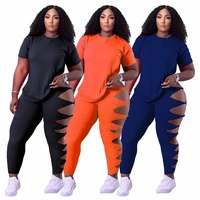 s 4xl plus size two piece women wholesale pants sets casual short sleeve hollow out side leggings summer clothing dropshipping