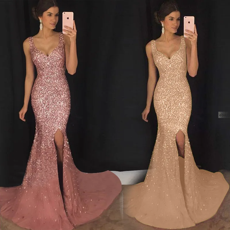 

2020 new sleeveless long sequin dress women high slit strap dresses sexy v-neck club party dress maxi gold/pink sequine vestidos