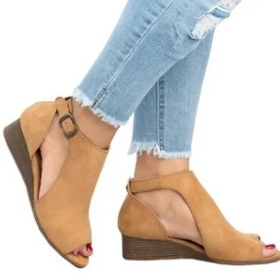 

size sandals women's Large mouth hollow slope heel women's sandals buckle Roman women's sandals