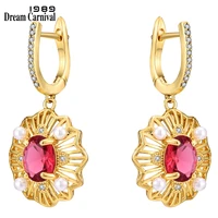 dreamcarnival1989 new women baroque drop earrings red cz white pearl 38mm dangle light gold color see through jewelry we4144g