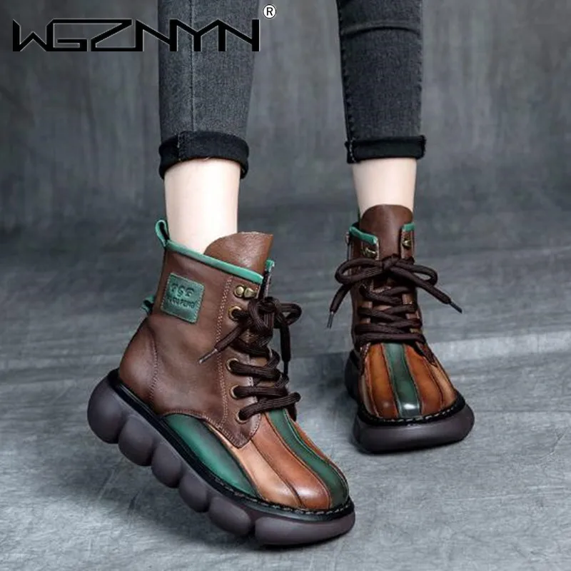 

NEW Genuine PU Leather Women Boots Vintage Bohemian Ankle Boots Women Shoes Lace Up Low Heel Ladies Shoes Woman Botas Mujer 2022