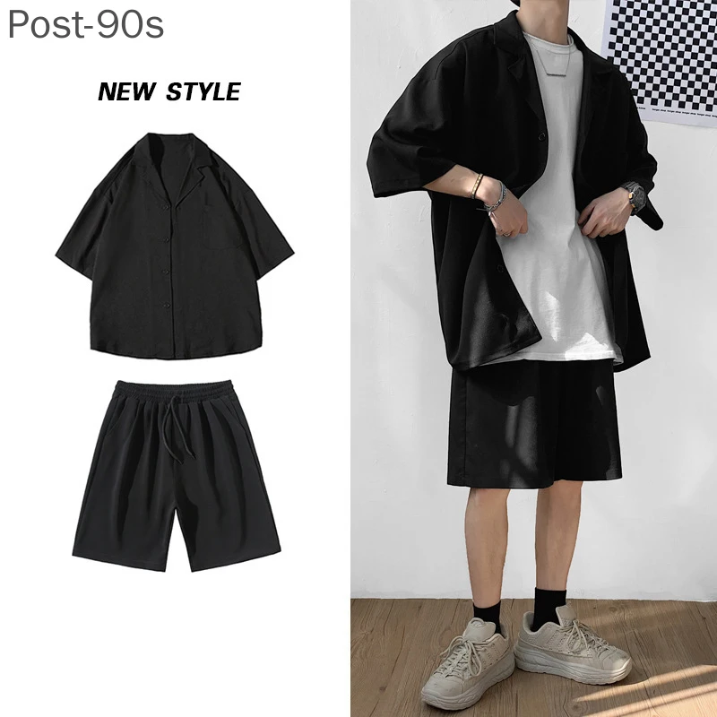 

Korean Style Men's Set Suit Jacket and Shorts Solid Thin Short Sleeve Single Pocket Knee-Length Summer Oversized Clothing Man