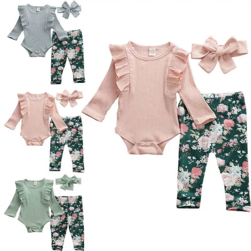 

3PCS Newborn Baby Girls Outfits Knit Ruffle Long Sleeve Bodysuit Romper Top Floral Pants Set with Headband Fall Clothes