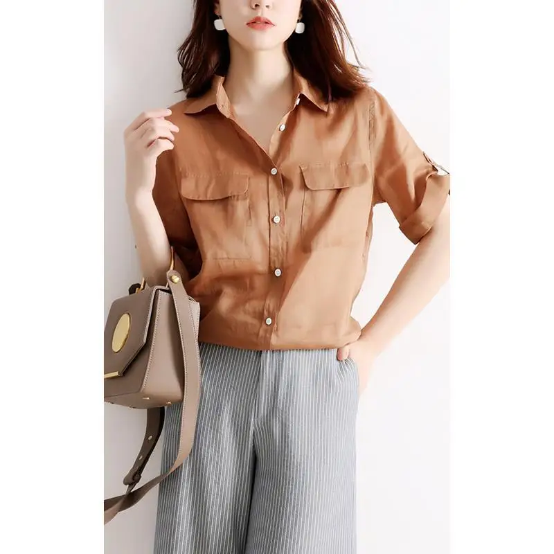 

Pure color short-sleeved shirt women's summer 2021 new style turn-over sleeves loose and thin niche design tooling top