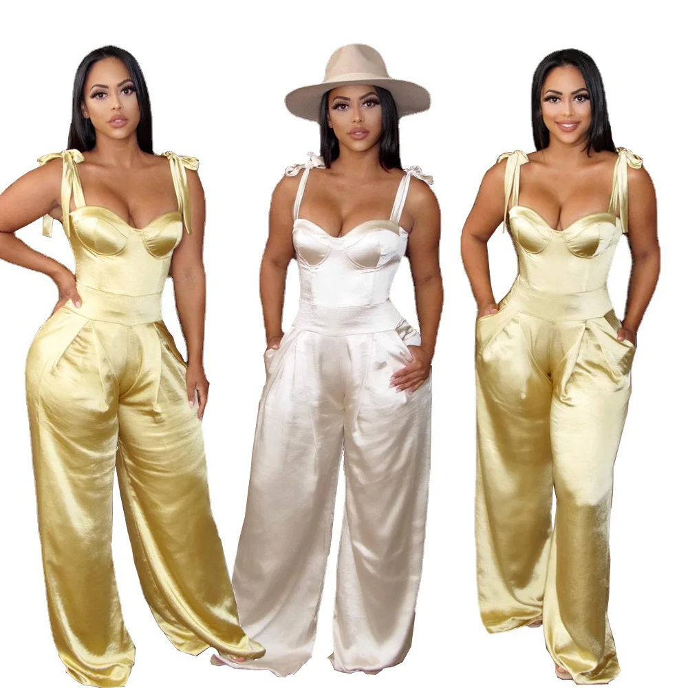 Jumpsuits for Women 2022 Strap Bowknot Solid Satin Slim Waist Wide Leg Pants Overalls Casual Summer Party Rompers