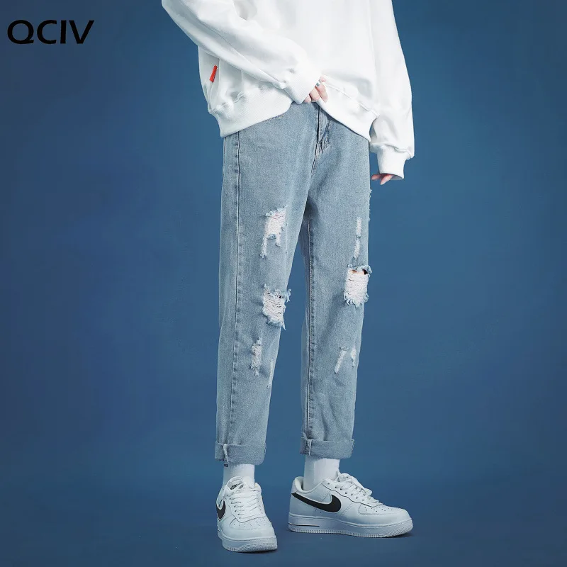Fashion men's jeans broken hole pants  thin torn men's solid cotton straight tube loose vintage washed jeans streetwear