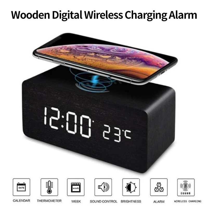 

Деревянный электронный будильник, термометр, светодиодный цифровой домашний умный голосовой контроллер с беспроводной зарядной панелью д...