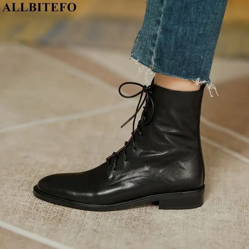 

ALLBITEFO Lace-up Round Toe High Quality Soft Genuine Leather Ankle Boots Winter Shoes Street Fashion Low Heel Women Boots