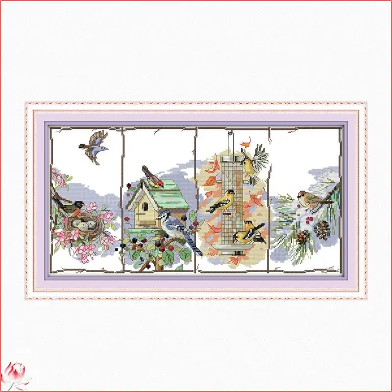 

The Birds Of The Four Seasons Counted Cross Stitch Pattern Kits 14CT 11CT Printed Fabric Embroidery Sets DIY Needlework Craft