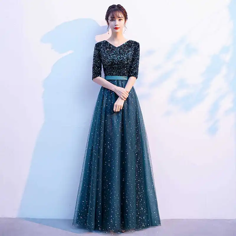 

M0168 Blue Black Wine Red Green Long Evening Dresses With Half Sleeve Tulle Robe Formal Gown Girl Women Wedding Party Dress