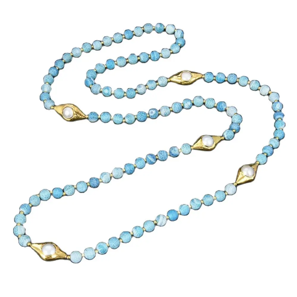 

GG Jewelry 40" Blue Frosted Agate 24 K Golden Plated Pearl Connector Necklace
