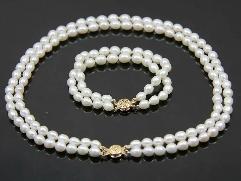 

2 row Genuine Natural white oval freshwater 8-9mm pearl necklace bracelet 17"