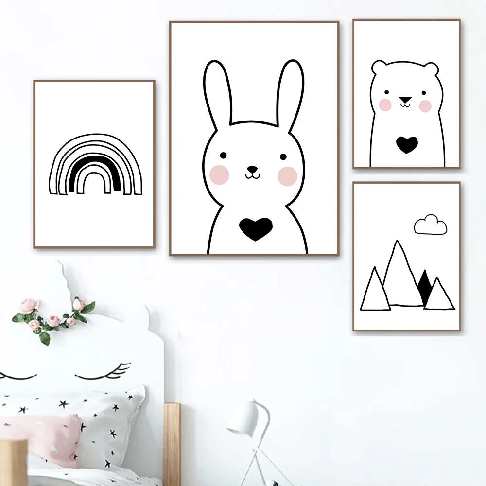 Кролик Медведь Холст плакат скандинавские принты игровая комната черно-белые