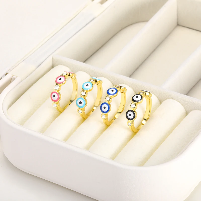 

Gold Evil Eye Rings For Women Girls Stainless Steel Zircon Bands Open Adjustable Enamel Dripping Oil Ring Finger Jewelry Gifts