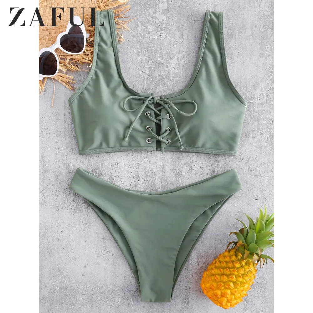 Женский купальник бикини ZAFUL на шнуровке с круглым вырезом подкладкой однотонный
