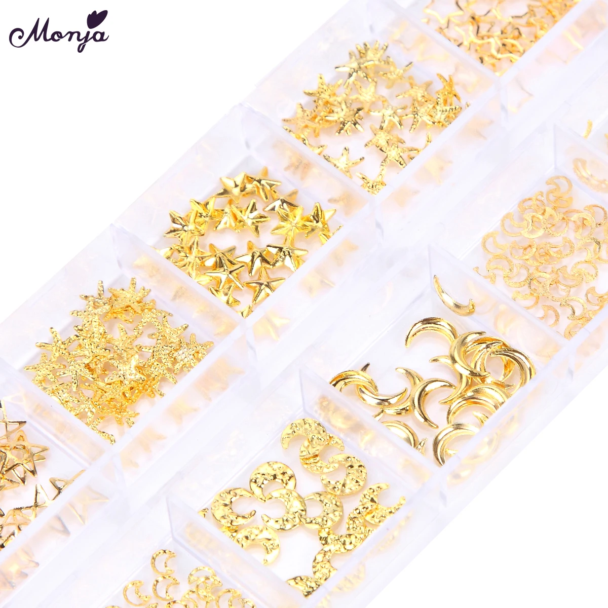 Monja 12 Grid Nail Art Mixed Style Gold Moon Star Metal Decor 3D DIY Charm Rivet Studs Decoration Accessories | Красота и здоровье