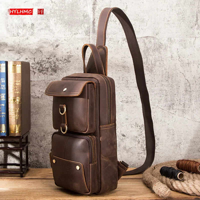 Vintage Crazy Horse Leather Men's Chest Bag Cowhide Large Capacity Male Shoulder Messenger Bag Genuine Leather Crossbody Bags