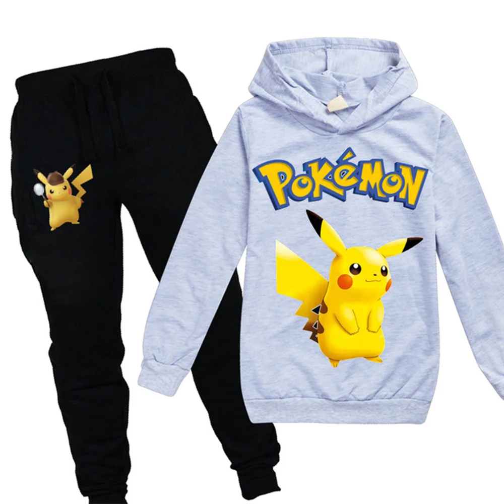 POKEMON GO Detective Pikachu/детская одежда для мальчиков и девочек осенний Свитшот комплект из 2 предметов, хлопковые спортивные толстовки с длинными рукавами и рисунком, Комплект футболок - Цвет: 991gray