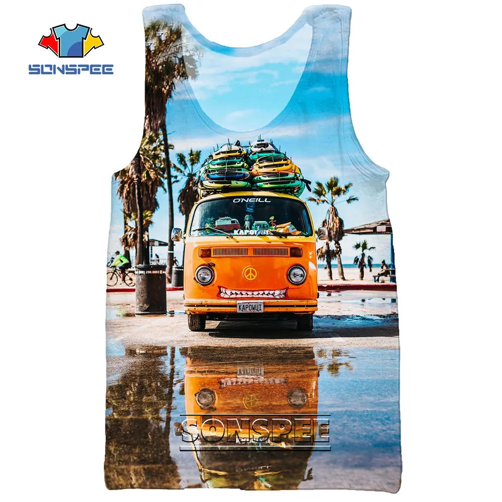 

SONSPEE 3D Print Surf Board Summer Beach Surf Men's Sports Tank Tops Casual Fitness Bodybuilding Gym Muscle Male Sleeveless Vest