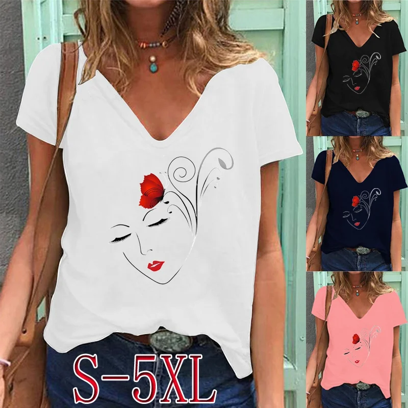 

New Style Ladies Summer Fashion Print Short-sleeved Deep V-neck T-shirt Casual Pattern Shirt Loose Solid Color Shirt Top