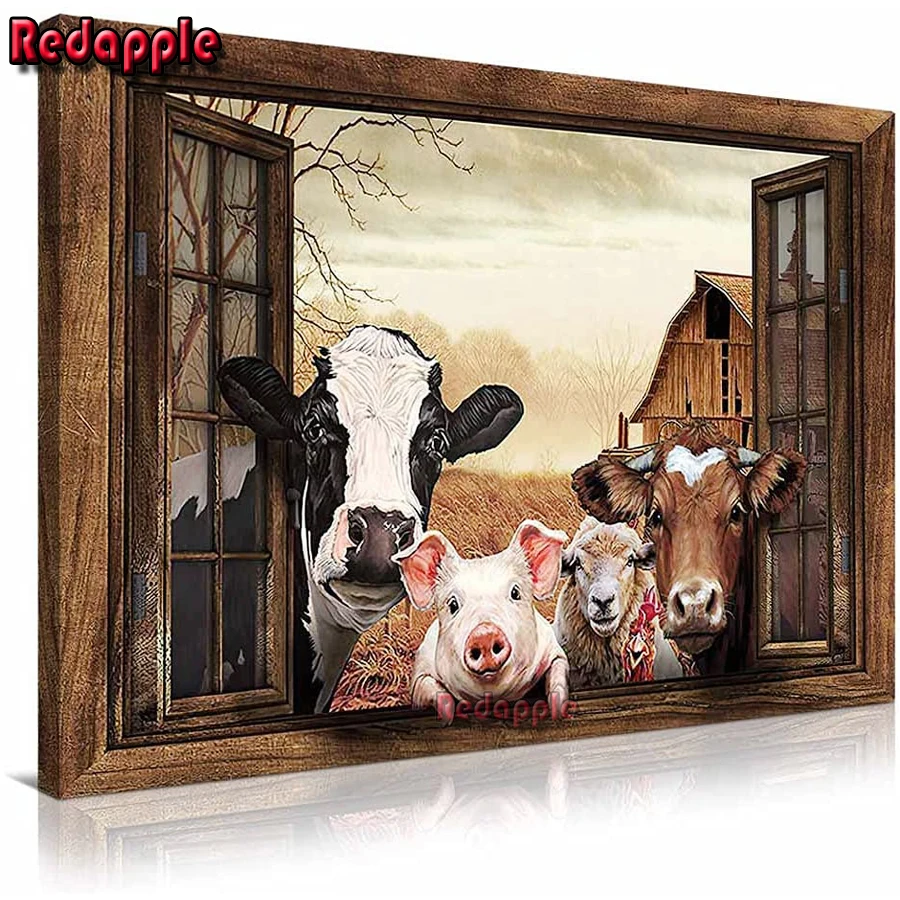 Алмазная живопись &quotкорова&quot на окно пейзаж &quot Крупный рогатый скот забавные