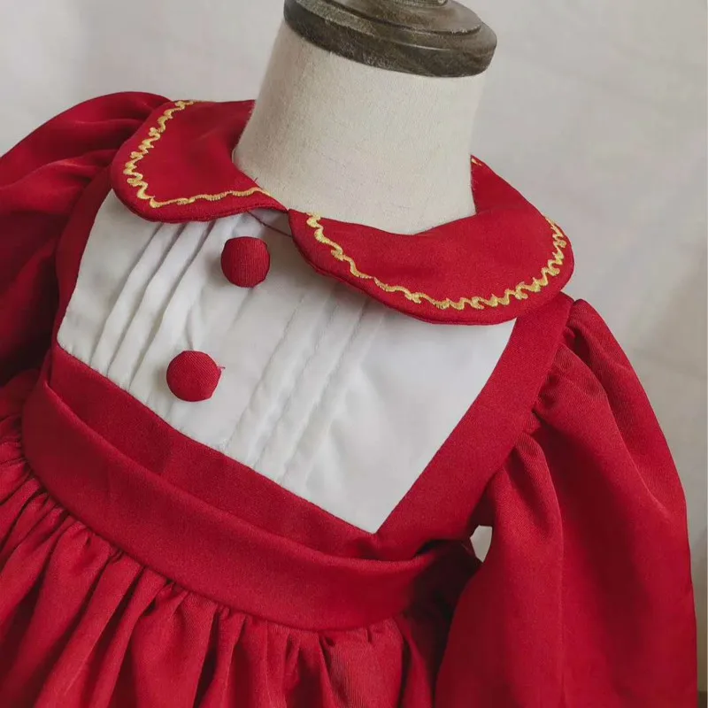 2019 Winter Spanish Retro Red Dress Festival Elegant Doll Collar Embroidered Quality Christmas Girls | Детская одежда и обувь