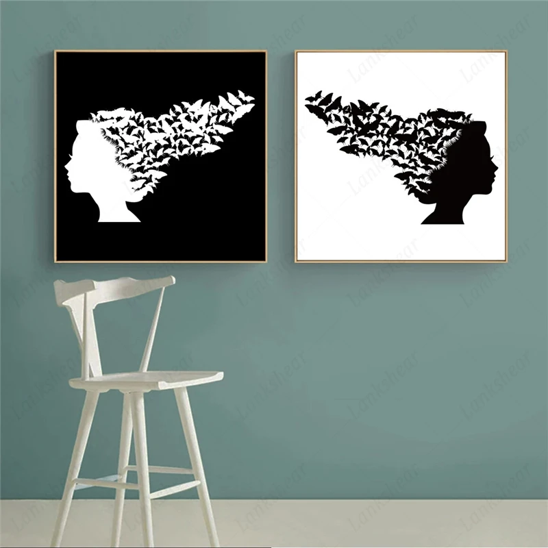 

Abstract Human Head Butterfly Canvas Painting Black and White Modular Posters and Prints Pictures Wall Art Room Home Decoration