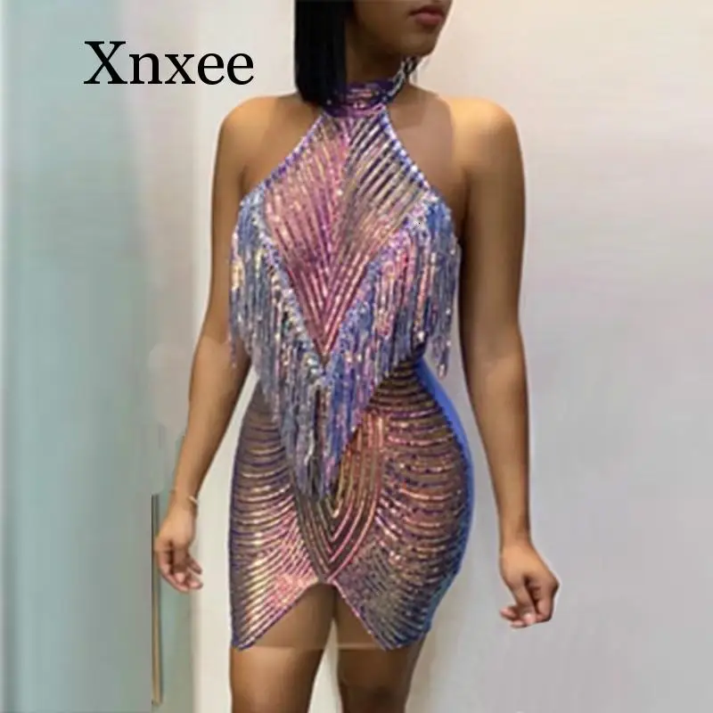 

2020 сексуальное женское платье с блестками и лямкой на шее, кружевные мини-платья с бахромой, летнее облегающее платье с открытой спиной для ...