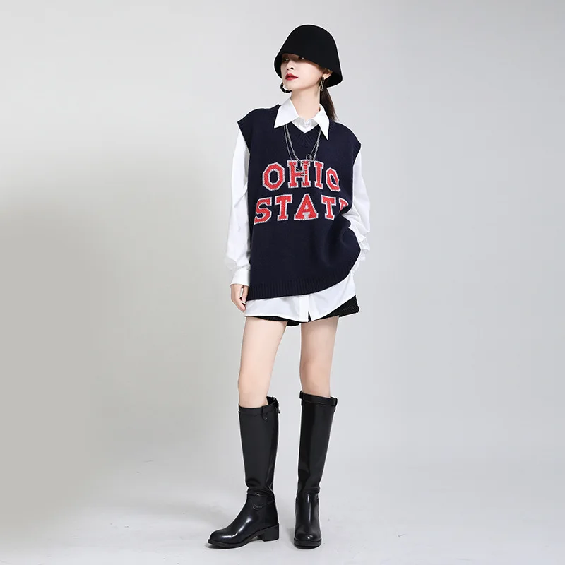 

TVVOVVIN Pullovers New 2021 Spring V-neck Women Sweater Vest Loose Letter Print Straight Knitted Tops CE2Y