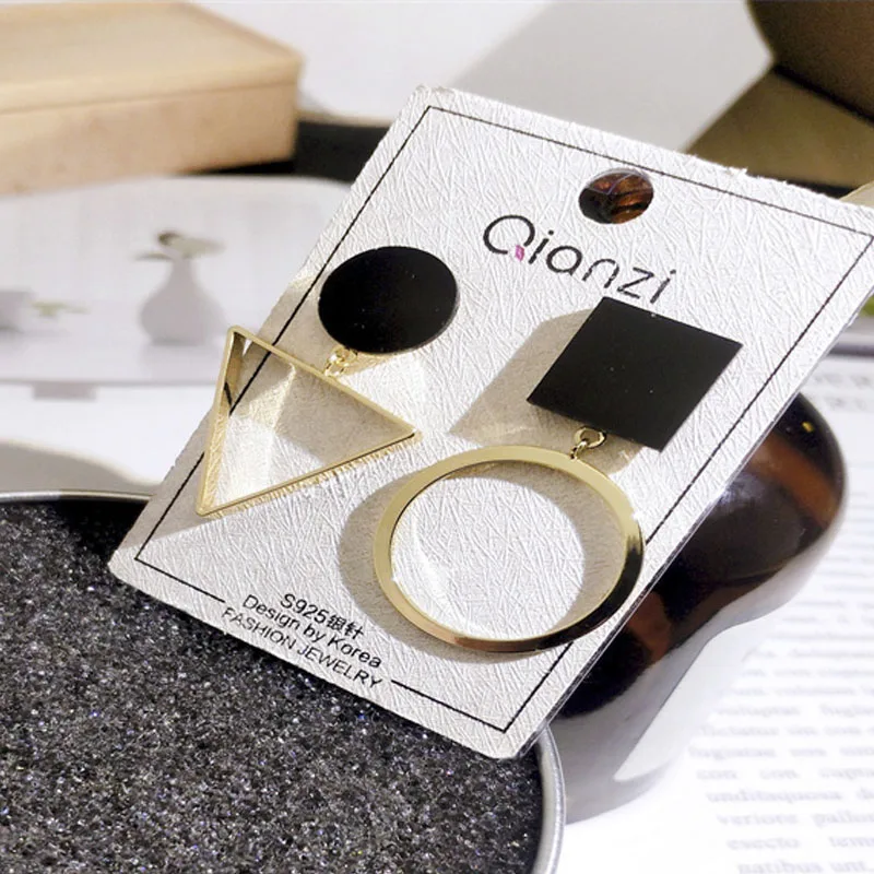 

Milangirl Unique Black Golden Metal Earrings Cute Geometric Triangle Round Square Stud Earrings for Women Stylish Jewelry