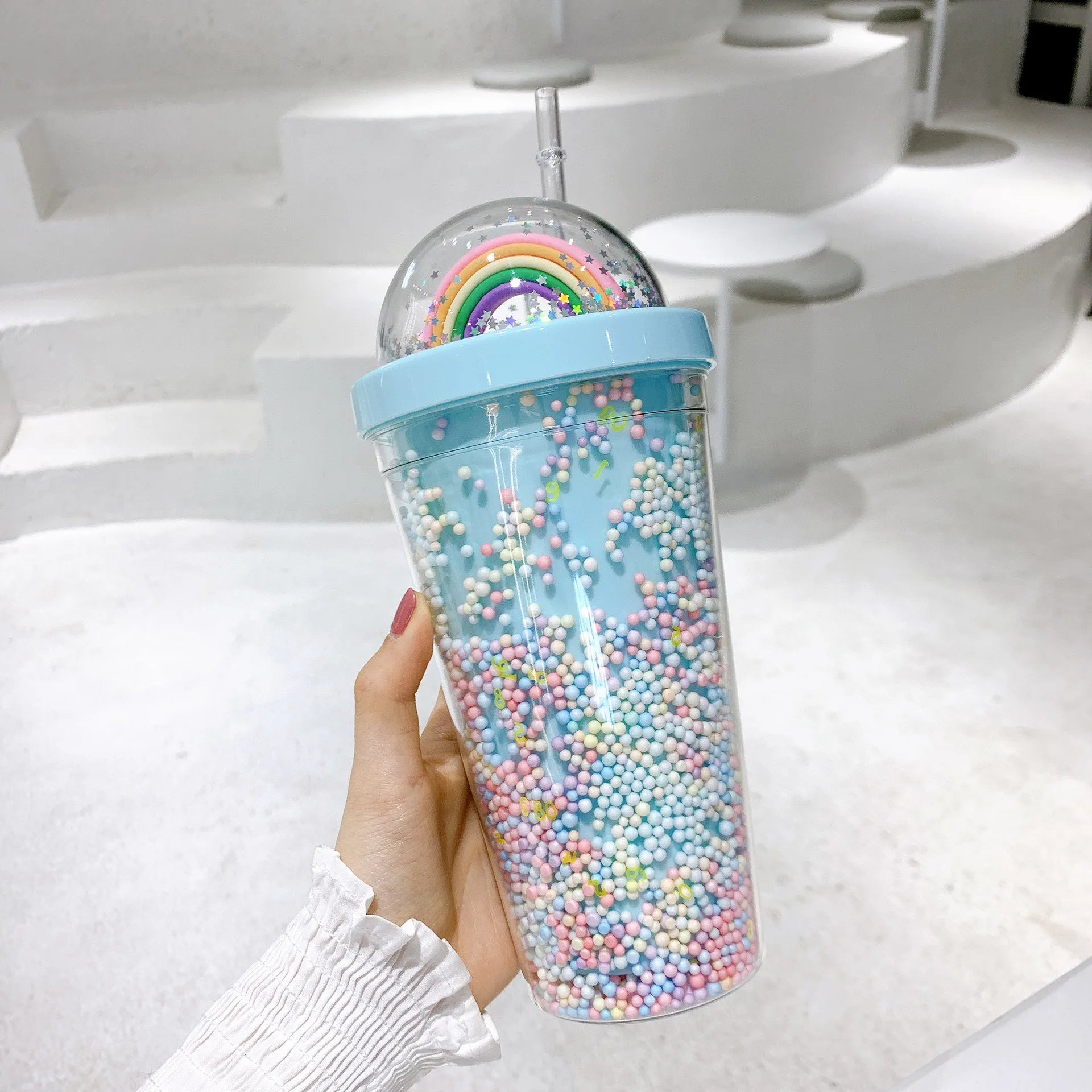 

550ML Plastic Water Bottle Cartoon Summer Bling Pink Rainbow Girls Bottle Double Layer With Straw Breakfast Milk Juice Cup Gift
