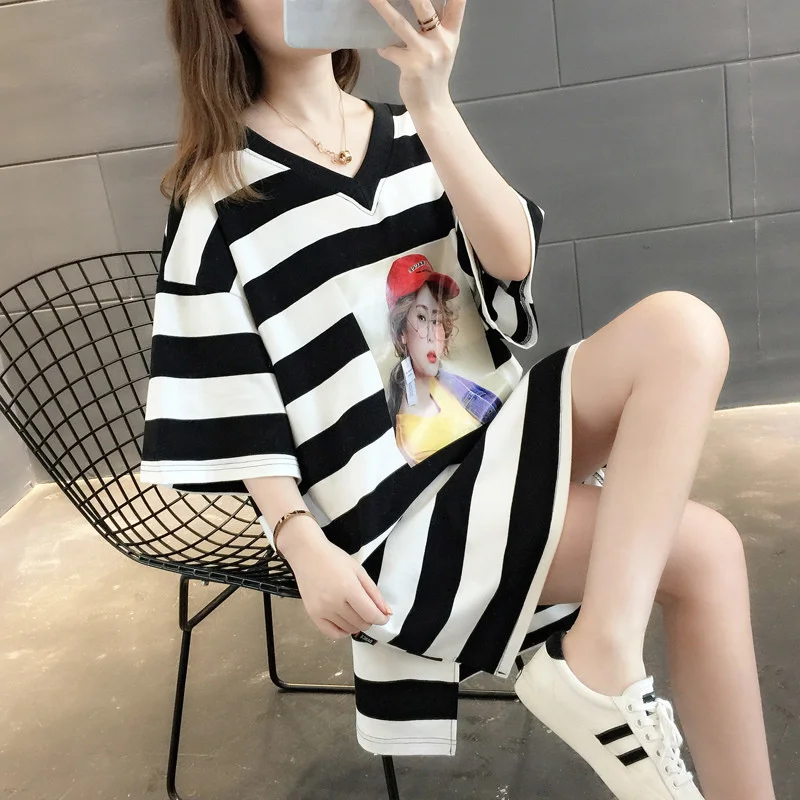 

#4334 Summer 2021 Printed Striped T Shirt Women Cotton Casual Long T Shirt For Women Short Sleeves Loose T Shirt Femme V Neck