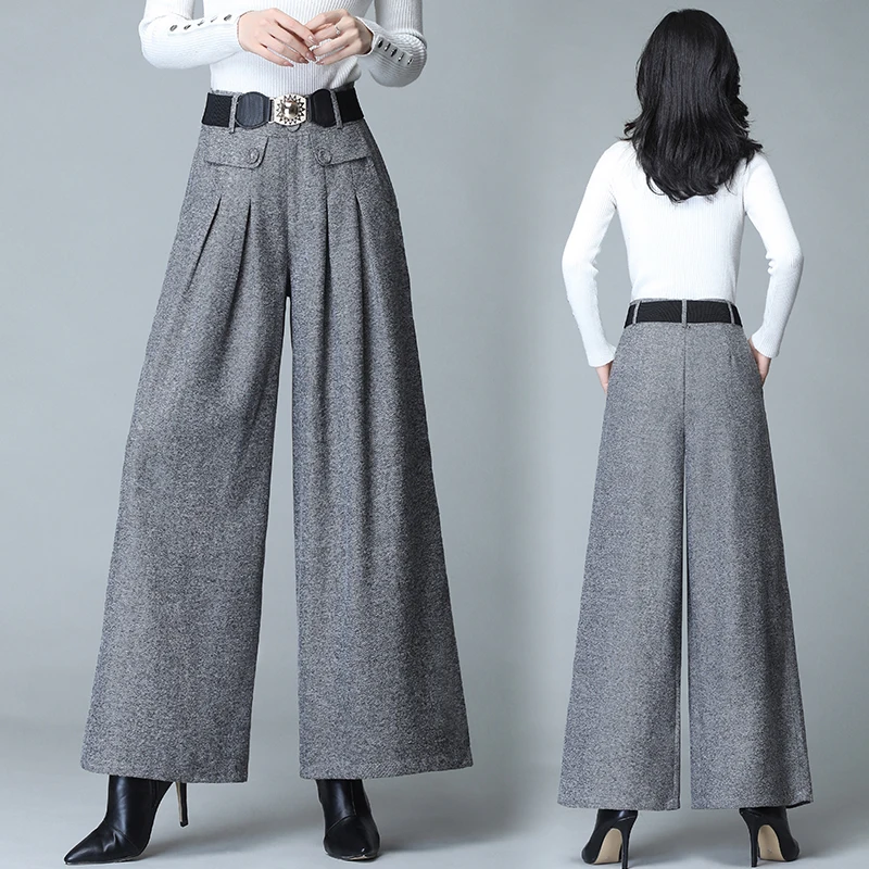 

Autumn 2021 New Woolen Wide Leg Pants Trousers Women's Buttons Zipper High Waist Casual Pleated Skirts Pants Plus Size 4XL H435