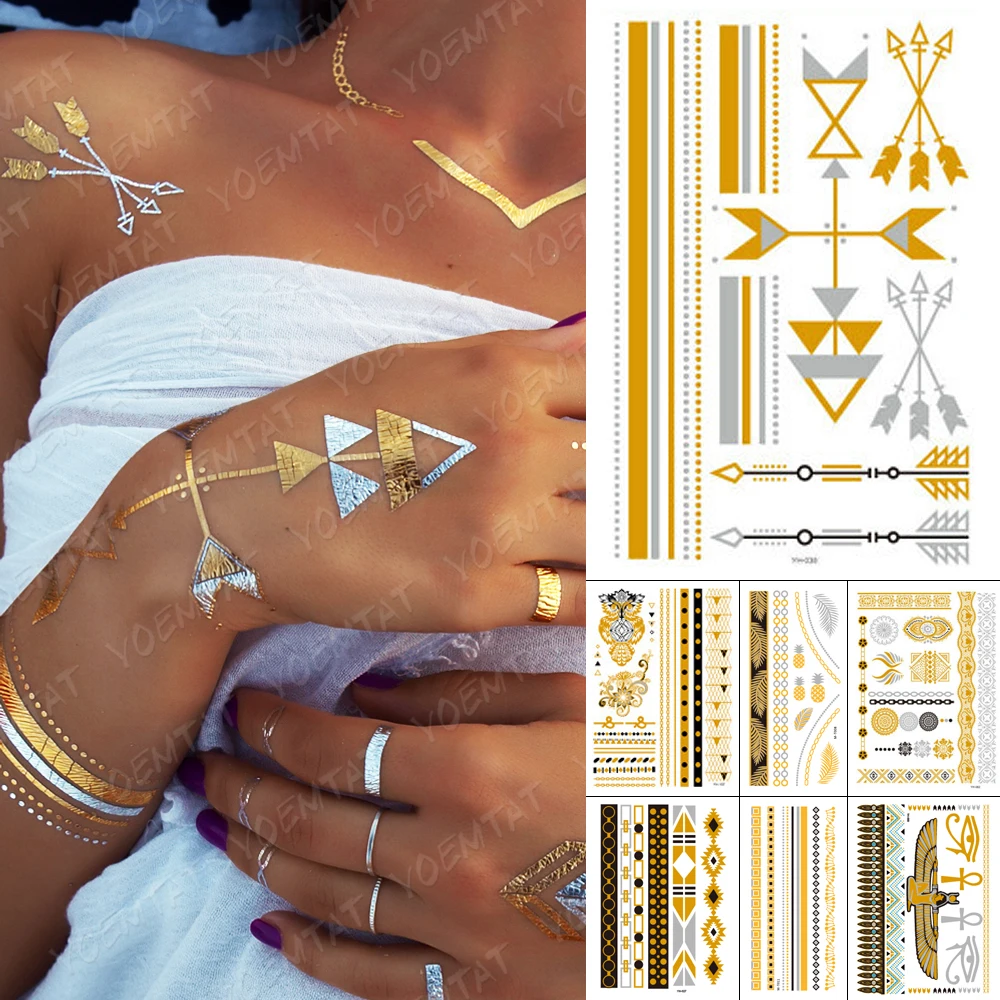 

Waterproof Temporary Tattoo Sticker Owl Bow And Arrow Gold Silver Metallic Flash Tatoo Boho Party Henna Jewelry Glitter Body Art