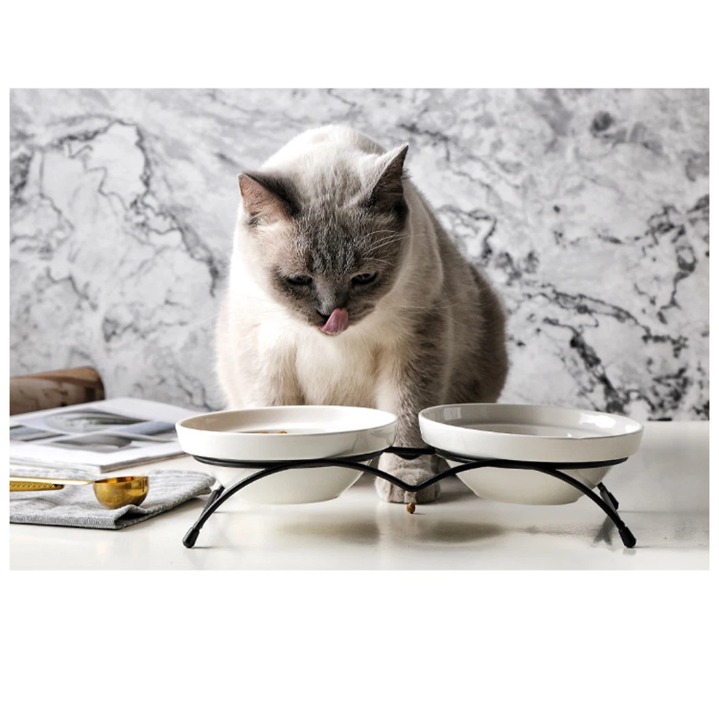 

1Pc Double Bowls Dogs Cats Feeder Pet Ceramic Bowl 2 In 1 Food/ Water Feeding Bowls With Iron Holder Pet Supplies