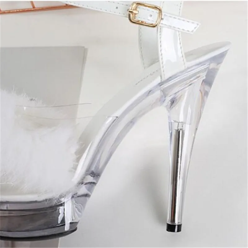 

Sandals Woman Summer Ladies Sandals Fur Transparent High Heels 13/15CM Platform Open Toe Sandals Women Wedding Shoes Black White
