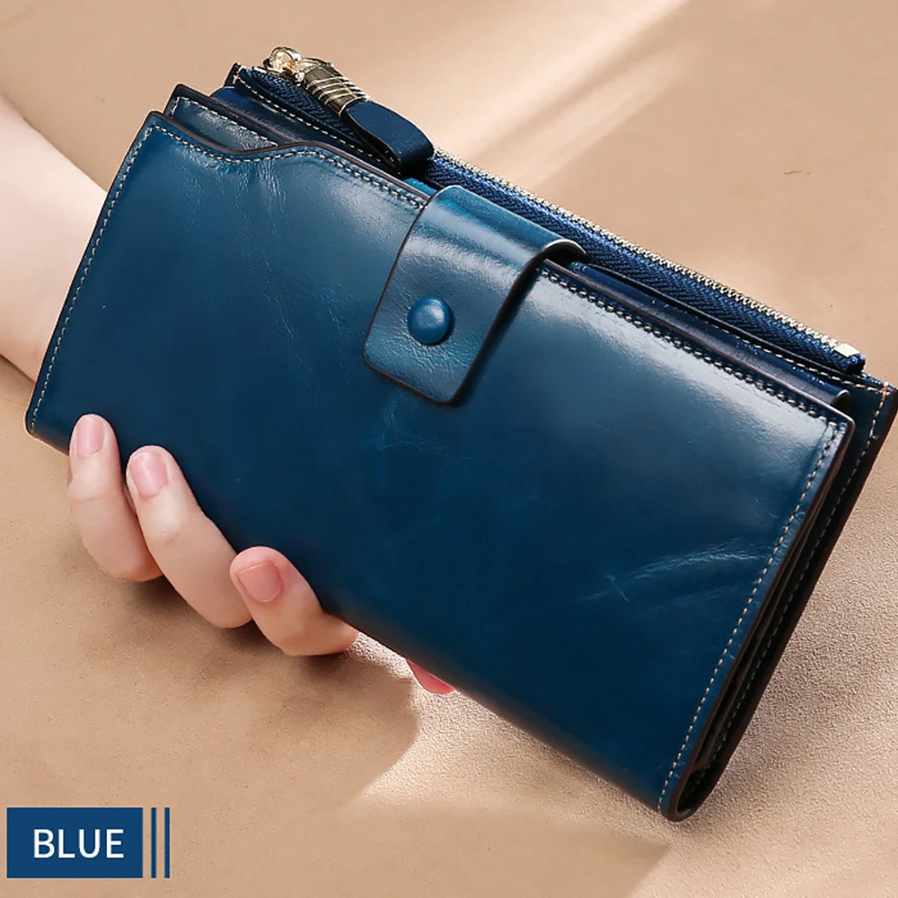 RFID Blocking Genuine Leather Women Wallet Long Lady Leather Purse Brand Design Luxury Oil Wax Leather Female Wallet Coin Purse