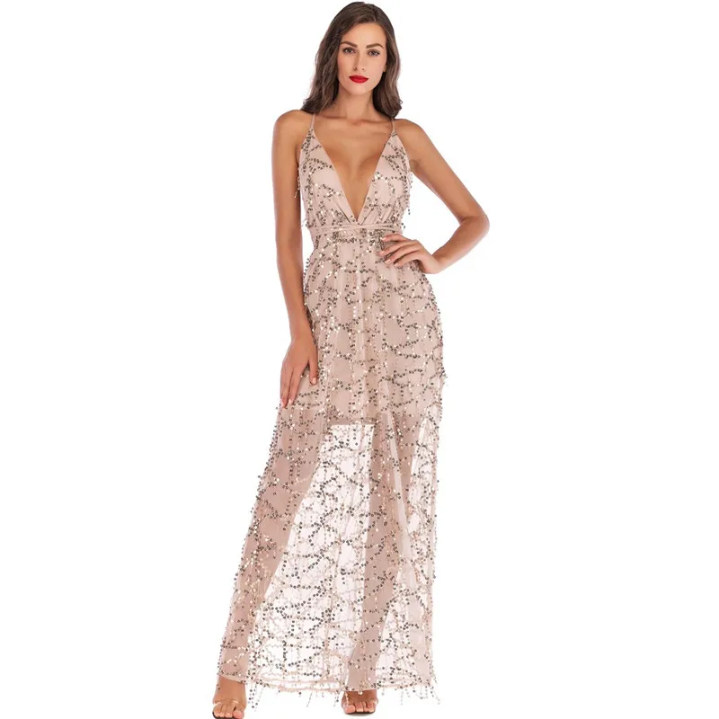 Женское Коктейльное Платье макси с v-образным вырезом блестками открытой спиной