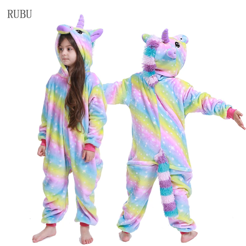 Rainbow Unicorn Детские пижамы; зимняя одежда для сна; комбинезоны для мальчиков; пижамный комплект для девочек; кигуруми; единорог; Ститч; панда; Пижама с животными; детская пижама - Цвет: Rainbow Unicorn