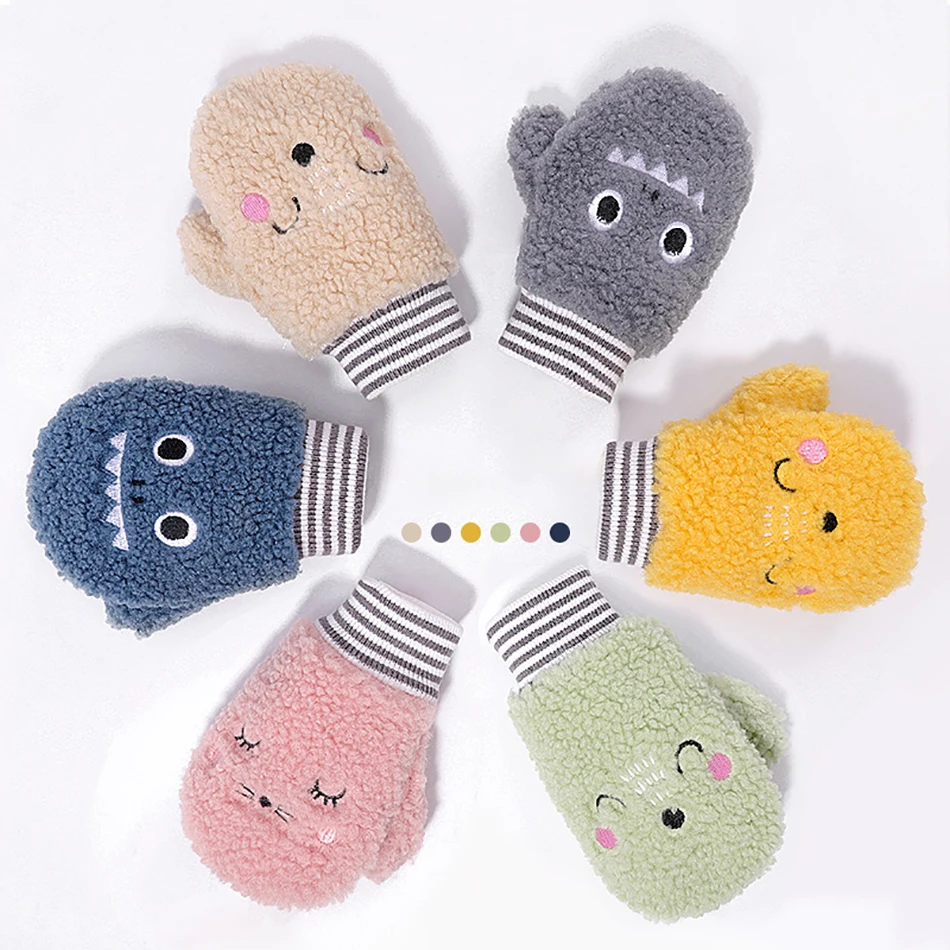 Детские зимние перчатки теплые вязаные милые толстые варежки лоскутные уличные